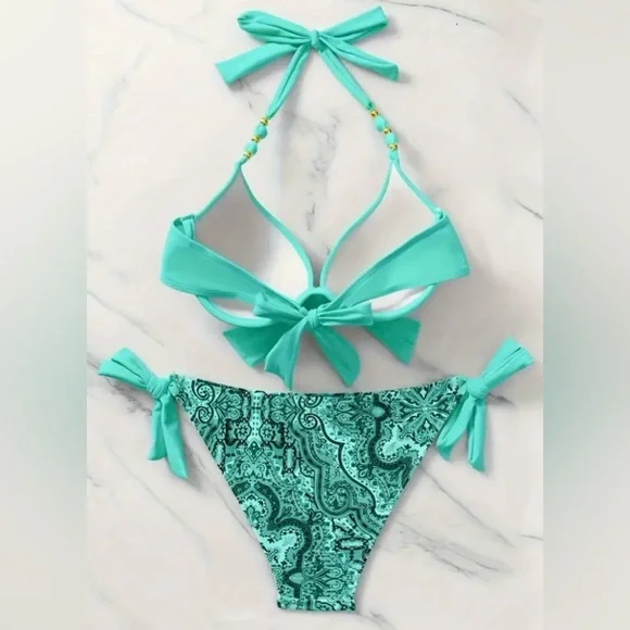 Green Paisley Halter Push Up Bikini Set - Picture 3 of 6